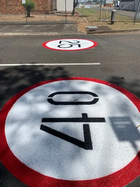 Red and white 25 km/h speed limit roundels with custom 017 pavement marking on asphalt