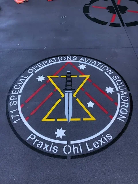 171 Special Operations Aviation Squadron insignia stencil on a hangar floor at Holsworthy