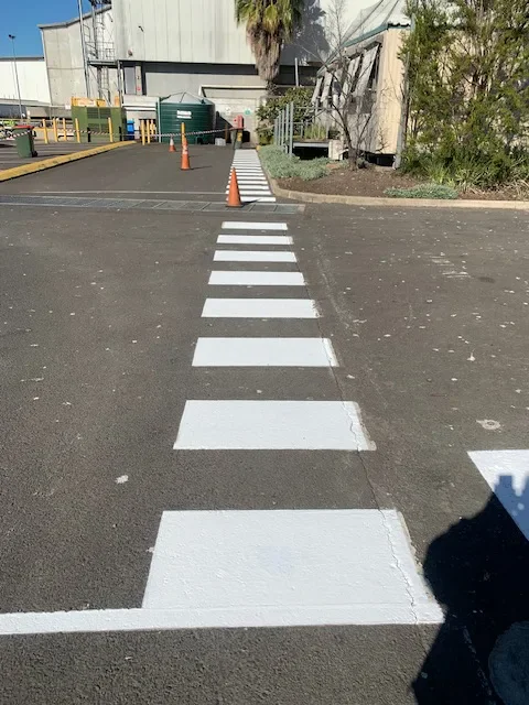 White zebra crossing stripes on asphalt at an industrial site