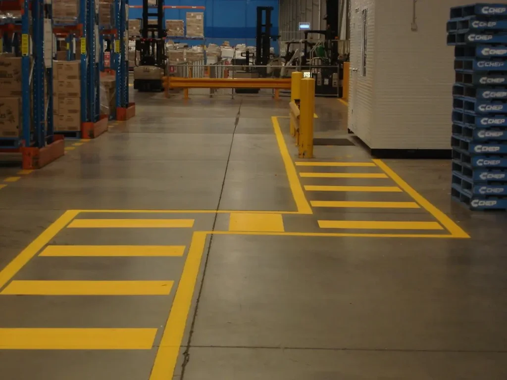 Yellow ladder-style pedestrian crossing markings on a warehouse floor