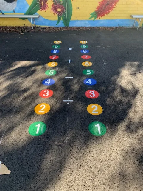Colourful concentric target rings marked on a school playground